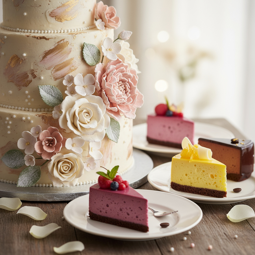 Bruidstaart met suikerbloemen en mousse-taart